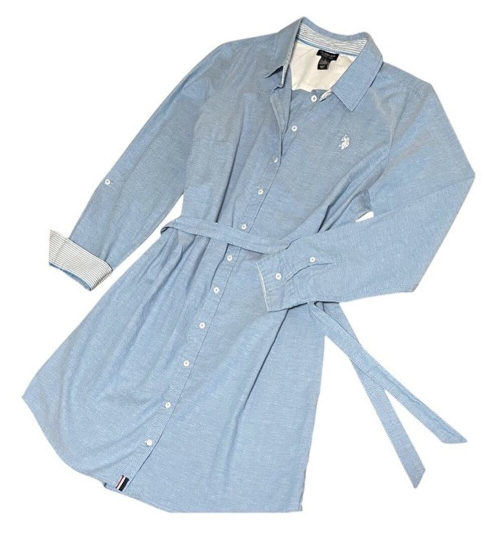 U.S. POLO ASSN. Blue White Stripe Roll Tab Shirt Dress Logo - Women's Large
